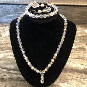 Vintage Clear Aurora Borealis AB Crystal Faceted  Necklace Earrings Bracelet